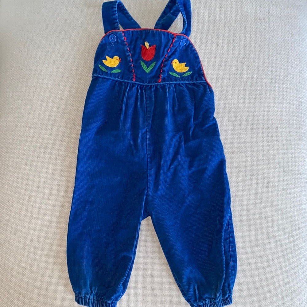 Vintage Blue Corduroy Kids Overalls with Embroidered Design 2 T